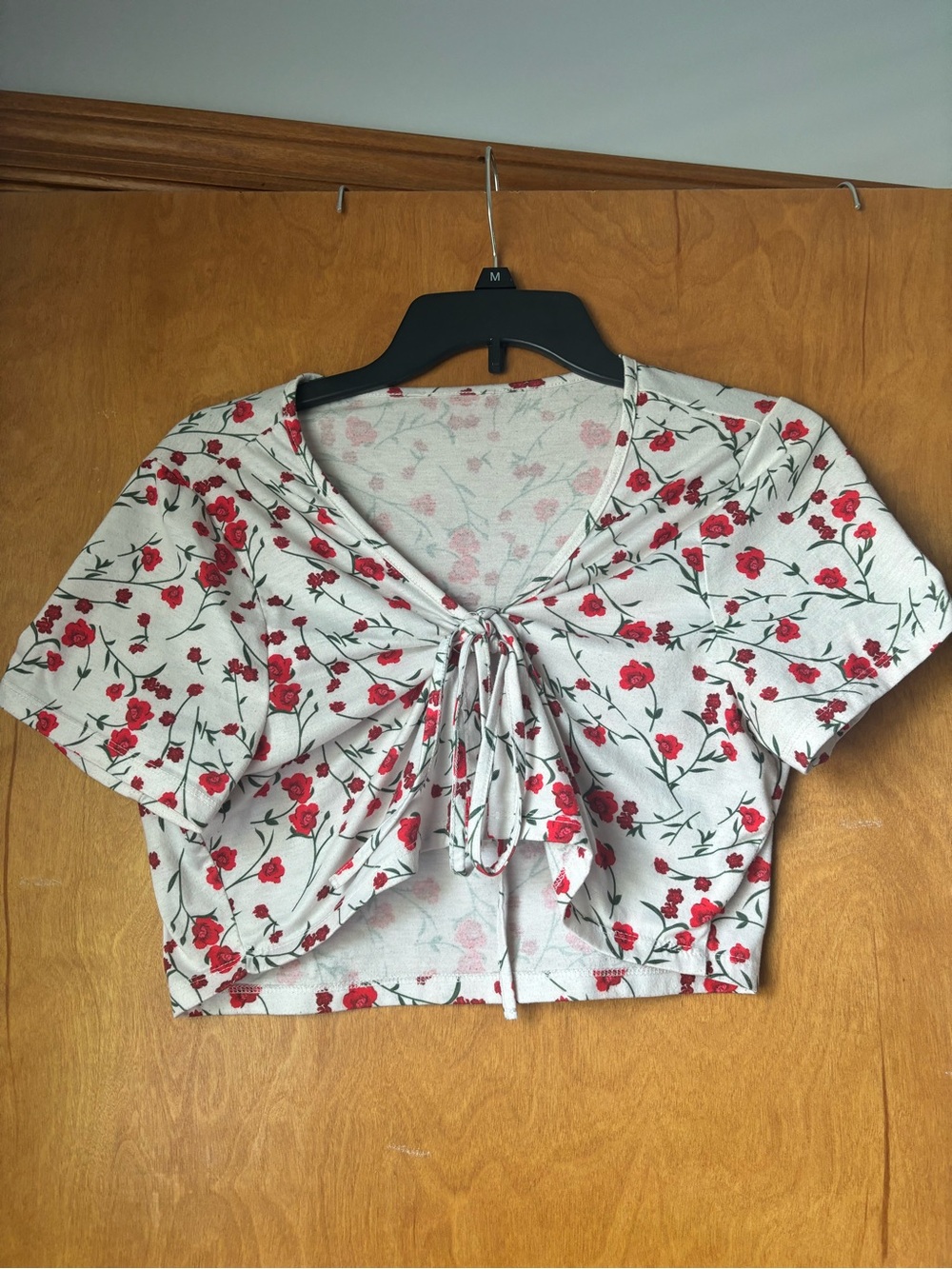 Floral Tie-Front Crop Top - White with Red Roses